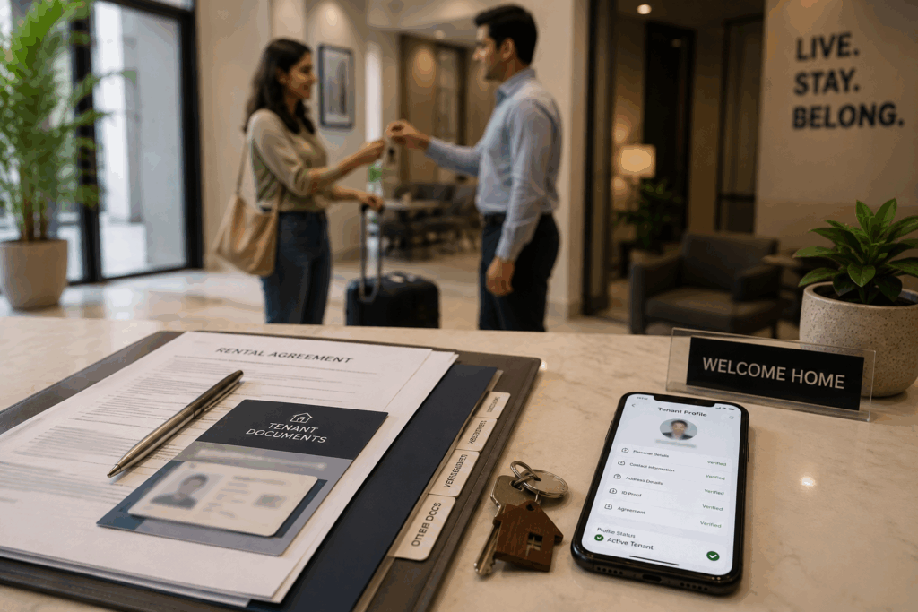 Tenant Police Verification Online, How to Do Tenant Police Verification Online: A State-by-State Guide, Rentok Tenant verification documents and rental agreement organized during digital tenant onboarding for a property in India.
