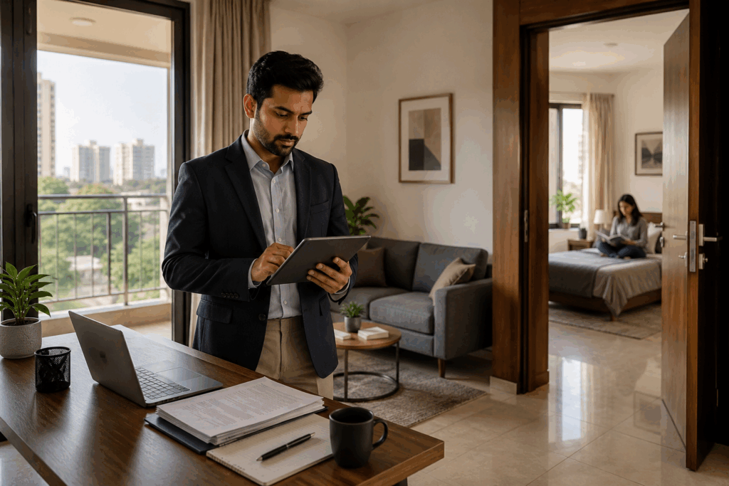 Modern Indian residential apartment being rented for business use, with a property manager reviewing rental documents and tenant information.