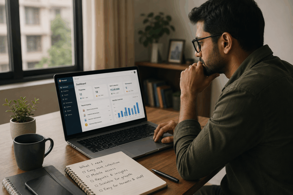 Small landlord choosing property management software with rent tracking, tenant management, and property reports on a laptop.
