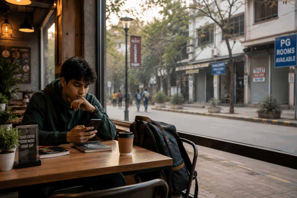 Increase PG Occupancy During Off-Season Months, How to Increase PG Occupancy During Off-Season Months, Rentok Young student searching for PG accommodation during the off-season while browsing rental options near a university campus.