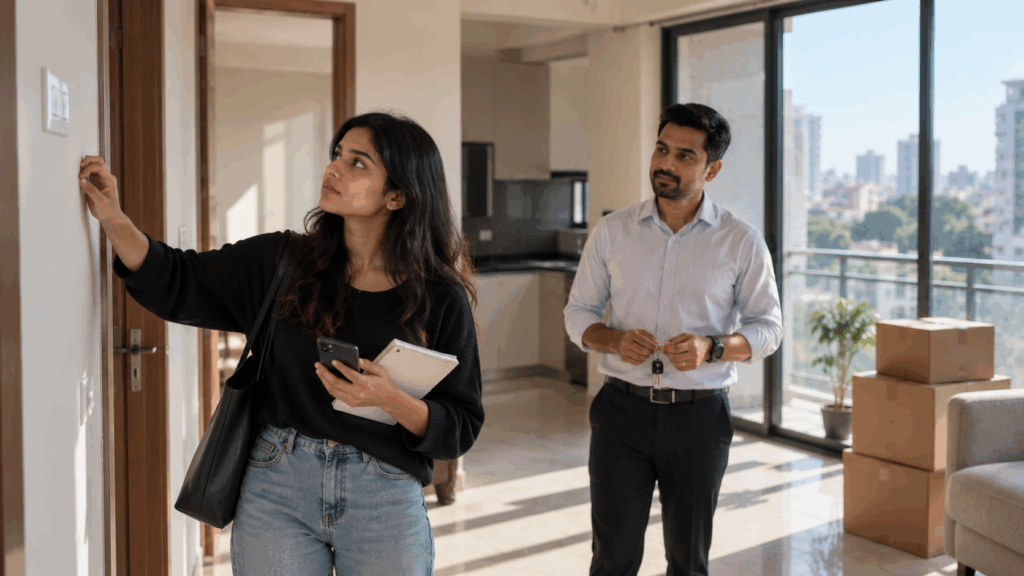 Negotiate Rent and Maintenance Terms, How to Negotiate Rent and Maintenance Terms Before Signing, Rentok Young tenant inspecting an apartment with a real estate agent before negotiating rental agreement terms.