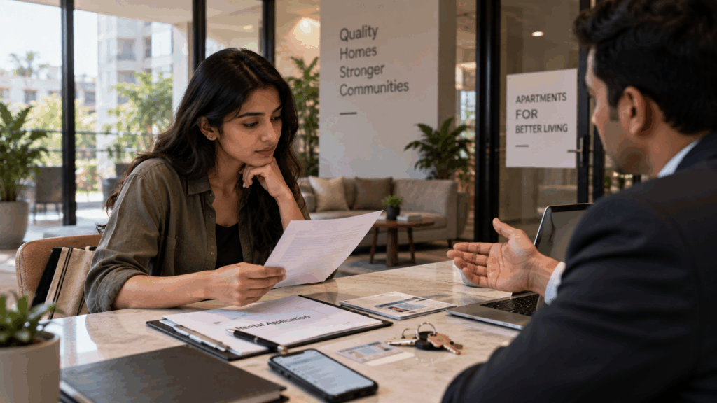 Tenant reviewing rental documents and verification requirements with a property representative in India.