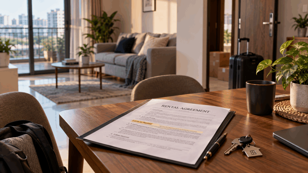 Break Rent Agreement, What Happens If You Break Your Rent Agreement Before the Lock-In Period?, Rentok Modern rental apartment with a rent agreement and lock-in period clause on a table, keys and suitcase nearby