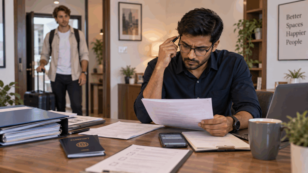 Landlord reviewing foreign tenant documents and passport for rental verification in India