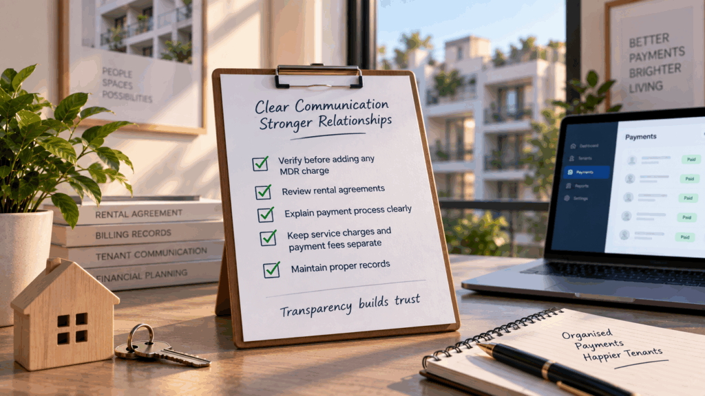 MDR on Rent Payments, What Is MDR on Rent Payments, and What Changes for Owners From October 15?, Rentok Transparent payment communication checklist for property owners, covering MDR charges, rental agreements, tenant communication, and accurate payment records.