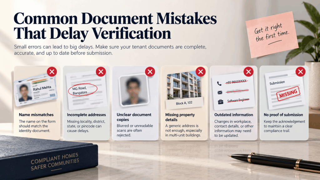 Documents for Tenant Police Verification, What Documents Do You Need for Tenant Police Verification?, Rentok Common tenant police verification document mistakes including mismatched names, incomplete addresses, unclear copies, and missing details.