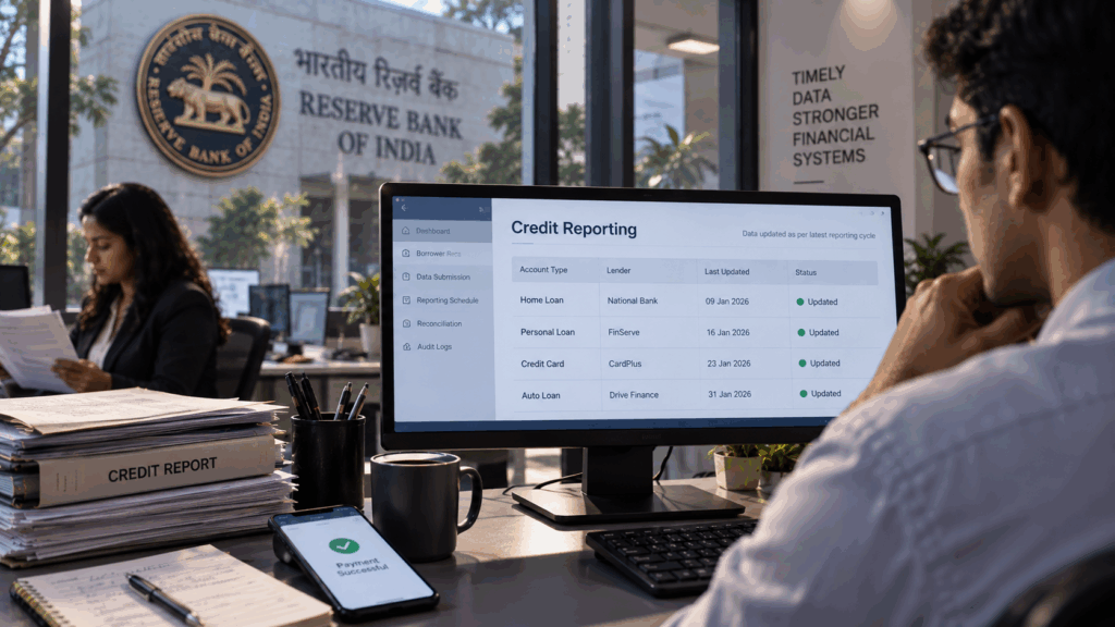 RBI’s New Weekly Credit Reporting, How Does RBI’s New Weekly Credit Reporting Rule Affect Rent Payments?, Rentok RBI’s updated credit reporting cycle illustrated through a financial office with a credit reporting dashboard, analyst reviewing borrower records, and payment confirmation.