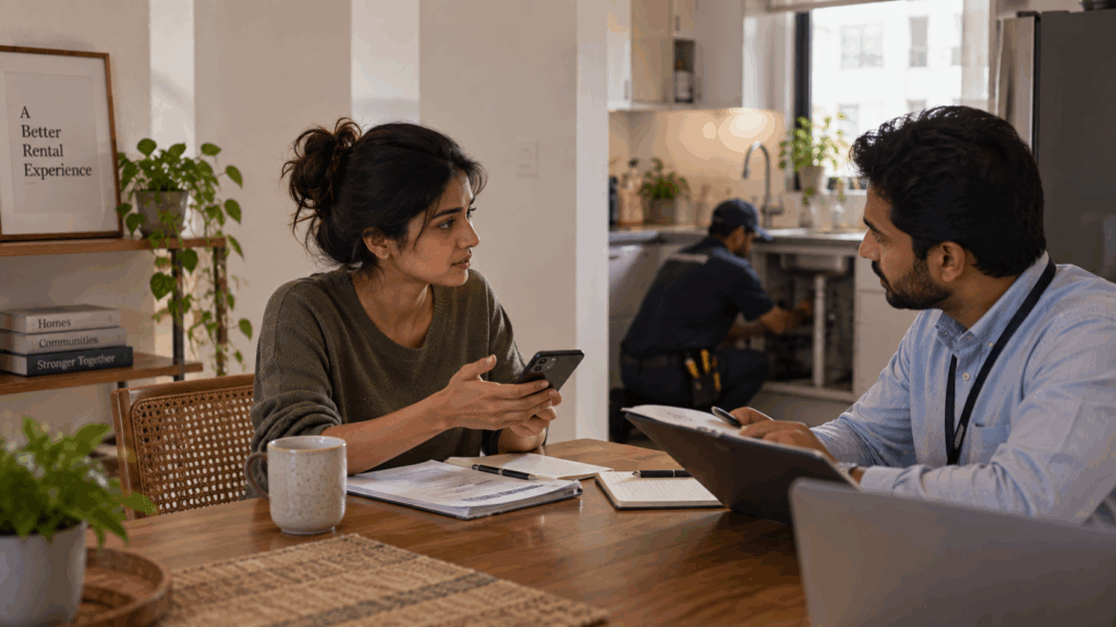 Tenant discussing a maintenance dispute with a property representative while a repair worker fixes an apartment issue.