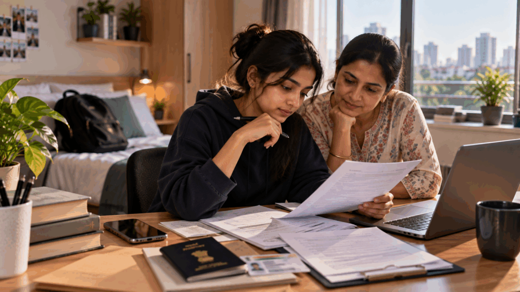 Student Tenant Verification, Student Tenant Verification: A Guide Before Moving Into a PG, Rentok Student tenant verification documents being reviewed by a student and parent before moving into a PG in a new city.