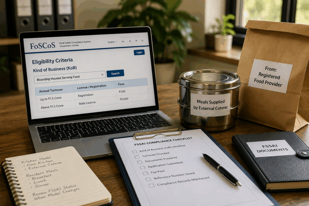 FSSAI licence and registration eligibility for hostel mess with FoSCoS application and food compliance documents