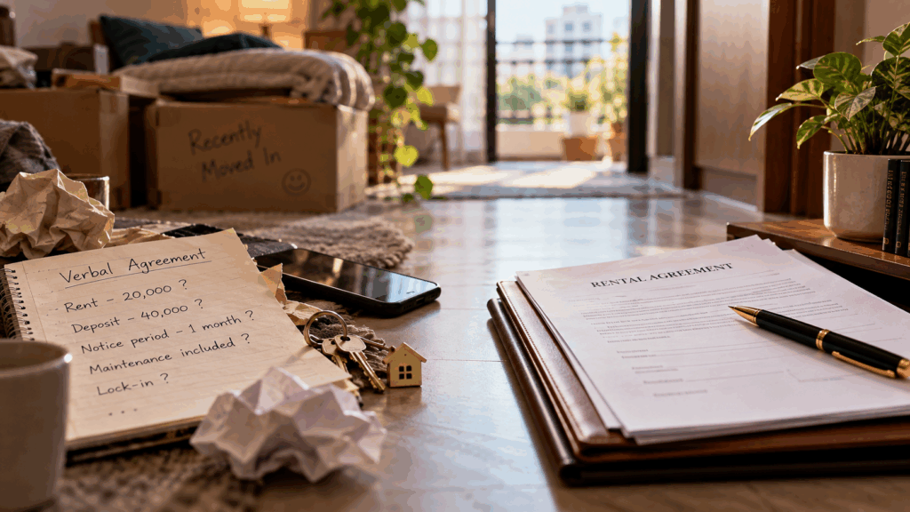 Verbal Rental Agreement, Is a Verbal Rental Agreement Legally Valid in India?, Rentok Verbal vs written rental agreement in India, showing tenancy terms, rent, deposit, notice period, and a formal rental agreement.