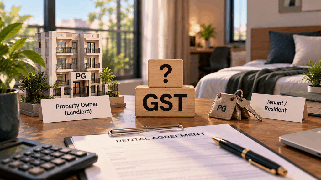 Pay GST on My PG, Do I Need to Pay GST on My PG or Hostel Rent?, Rentok GST liability for PG rent showing the relationship between property owner, PG operator, and tenant or resident.