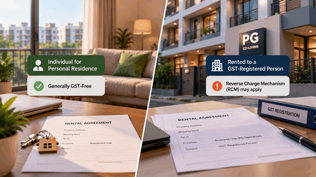 Pay GST on My PG, Do I Need to Pay GST on My PG or Hostel Rent?, Rentok GST on residential rent showing personal-use accommodation versus PG rent to a GST-registered person under the Reverse Charge Mechanism (RCM).