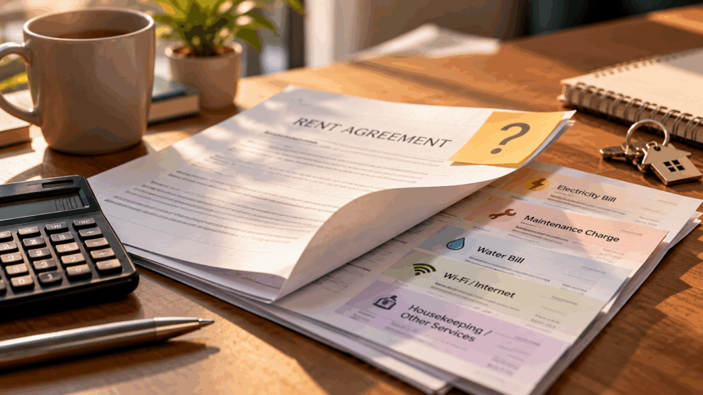 Included in My Rent, What’s Included in My Rent and What Am I Paying Extra For?, Rentok Rent agreement with electricity, maintenance, water, Wi-Fi, and housekeeping charges illustrating hidden rental costs
