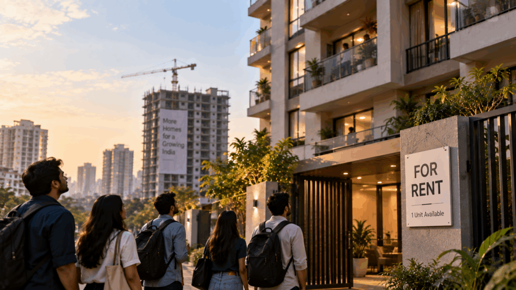 Rental Market Grows 16%, India’s Rental Market Grows 16%: What Owners Should Know, Rentok Modern Indian apartment complex with a “For Rent” sign and prospective tenants, representing growing rental demand and limited housing supply in India.
