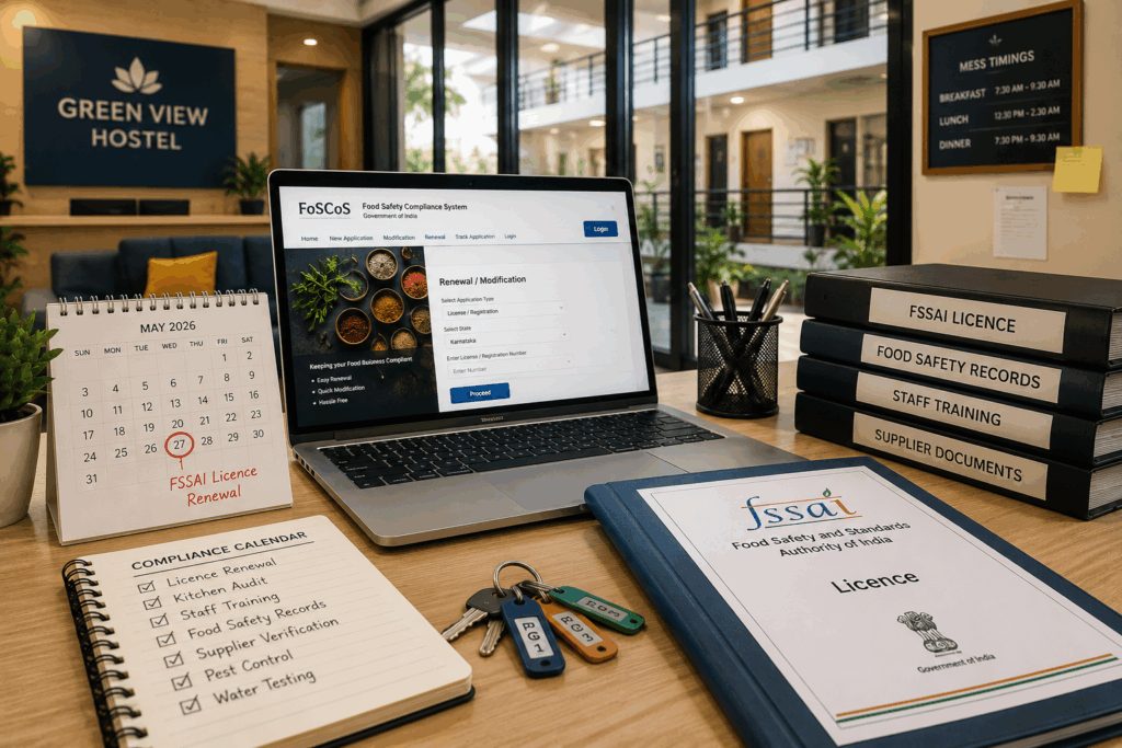 FSSAI licence renewal and compliance management for a growing hostel business with FoSCoS portal and records
