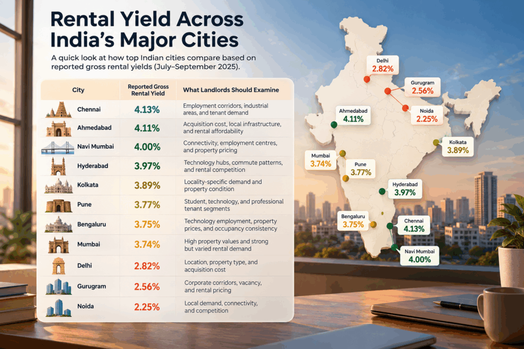 Rental yield comparison across major Indian cities including Chennai, Ahmedabad, Navi Mumbai, Hyderabad, Bengaluru, Mumbai, Delhi, Gurugram and Noida, with reported gross rental yield percentages and key factors landlords should consider.