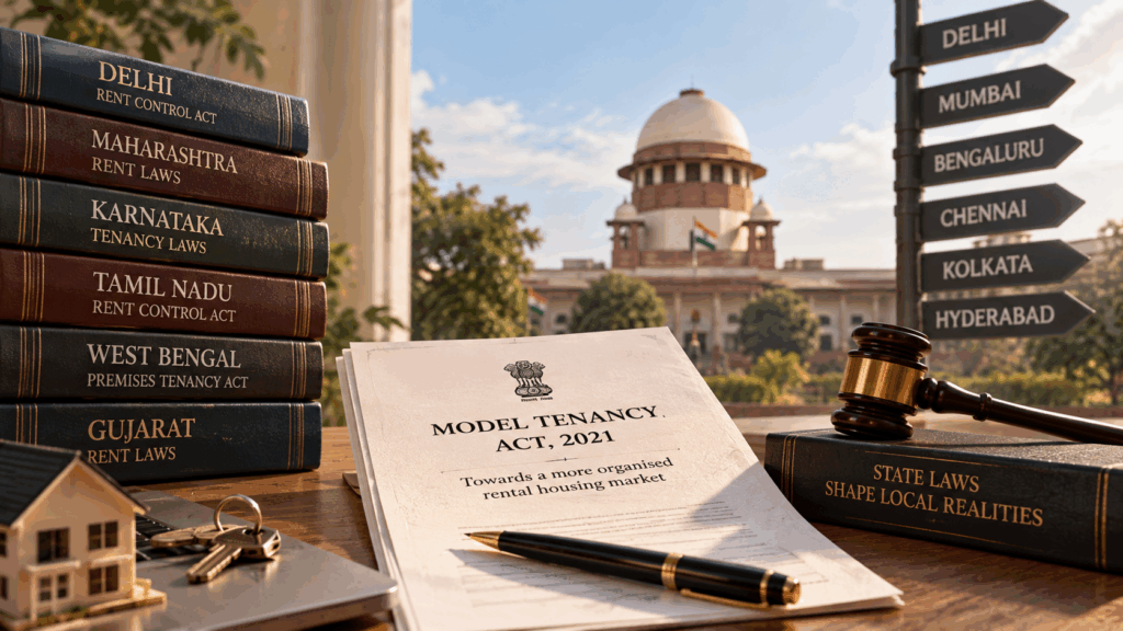 Rent Agreement Rules, Why Rent Agreement Rules Are Different in Every Indian State, Rentok Model Tenancy Act 2021 document surrounded by state-specific rental law books, symbolising differences in rent agreement rules across Indian states.