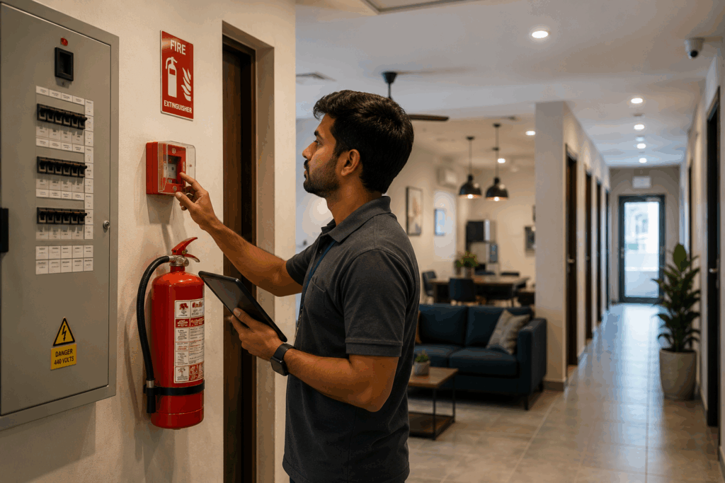 PG fire safety inspection showing a property manager checking fire alarm equipment, extinguisher, and electrical systems as part of routine safety maintenance.