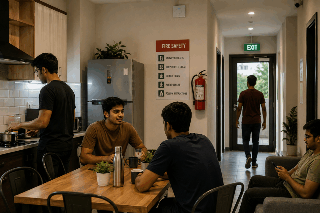 Modern PG common area with fire safety equipment, emergency exit, fire extinguisher, and residents, highlighting fire safety preparedness in shared accommodation in India.