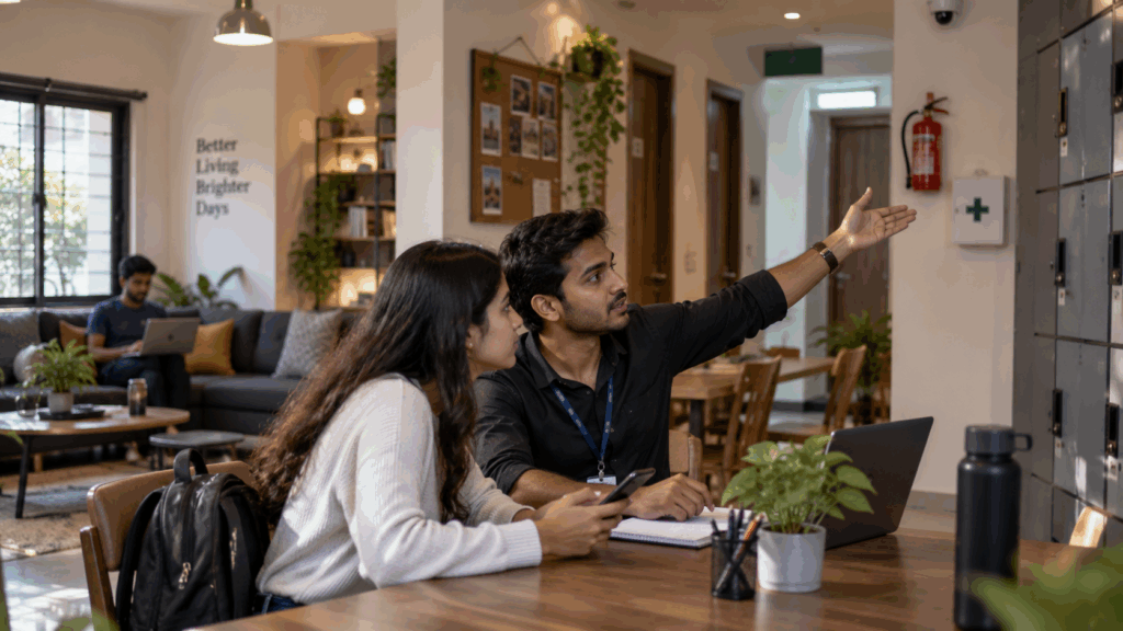 PG or Hostel is Legally Registered, How to Check If Your PG or Hostel is Legally Registered in India, Rentok Tenant discussing PG safety, documentation, and accommodation facilities with a property manager in a shared living space.
