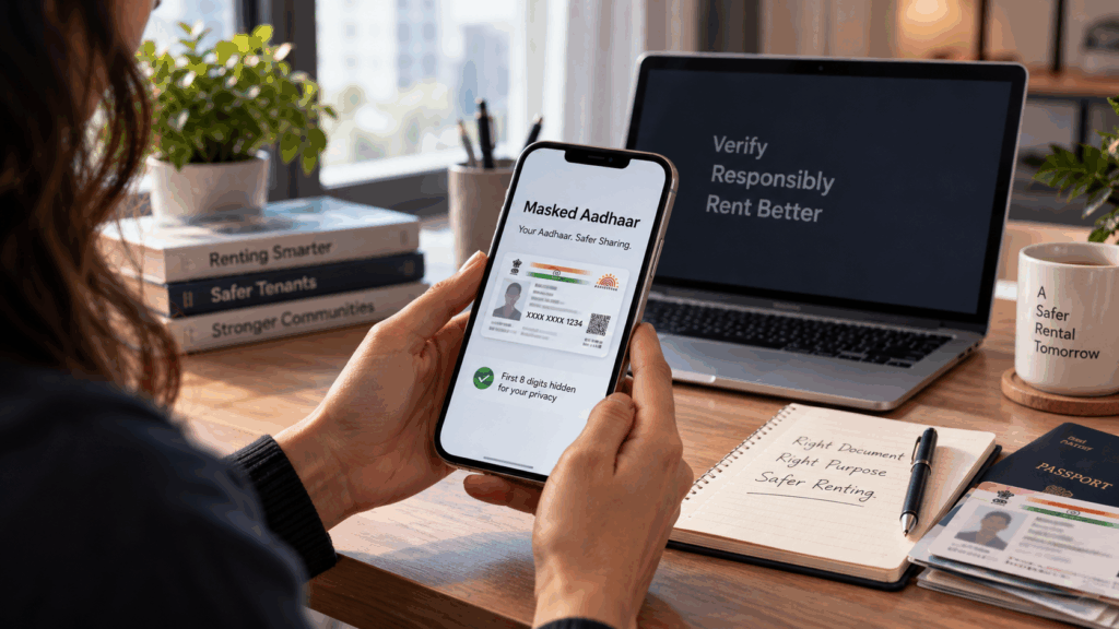 KYC Documents, What Your Landlord Can and Cannot Store From Your KYC Documents, Rentok Masked Aadhaar on a smartphone showing hidden first eight digits for secure tenant identity verification and data protection in India.