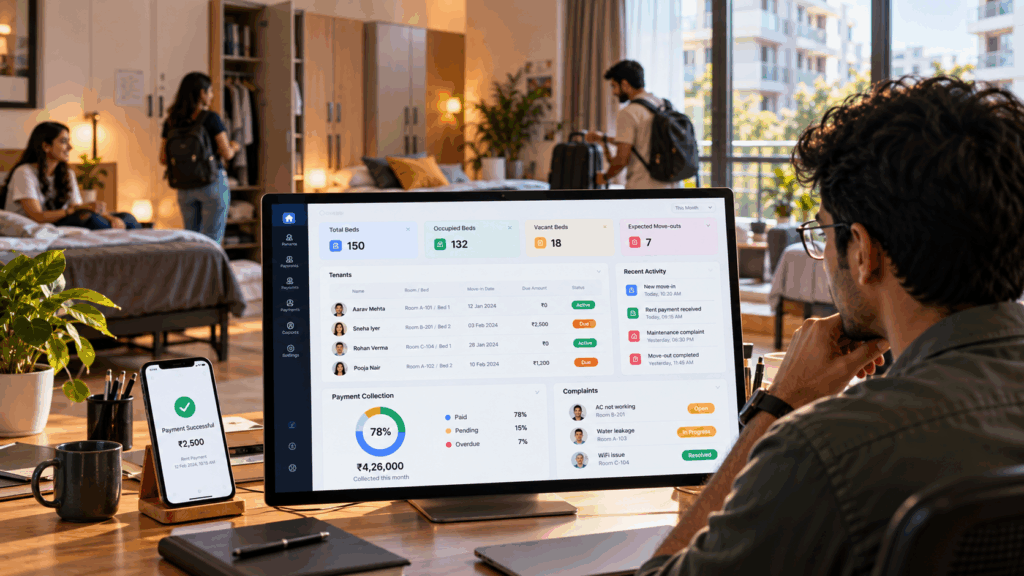 US Apps, Are US Apps Like Buildium or TurboTenant Usable for Indian Landlords?, Rentok Indian PG management software dashboard showing bed occupancy, tenant records, rent payments, move-outs, and complaints in a co-living property.