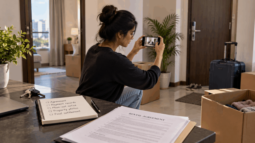 Break Rent Agreement, What Happens If You Break Your Rent Agreement Before the Lock-In Period?, Rentok Tenant documenting a rental property before moving out with a rental agreement, keys, suitcase, and move-out checklist