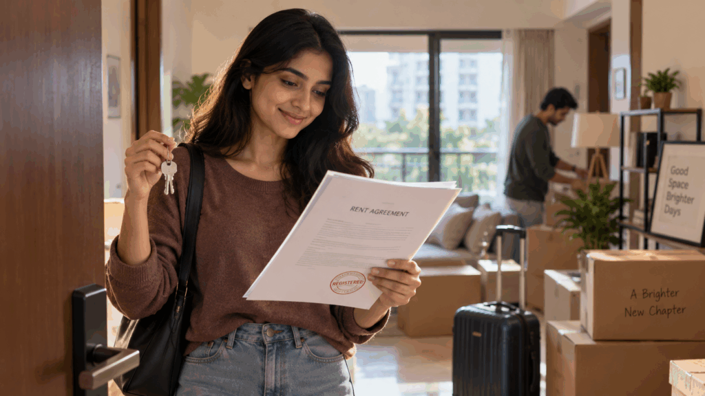 Registered Rent Agreement, Why You Should Always Insist on a Registered Rent Agreement, Rentok Tenant reviewing a registered rent agreement while moving into a new rental home.