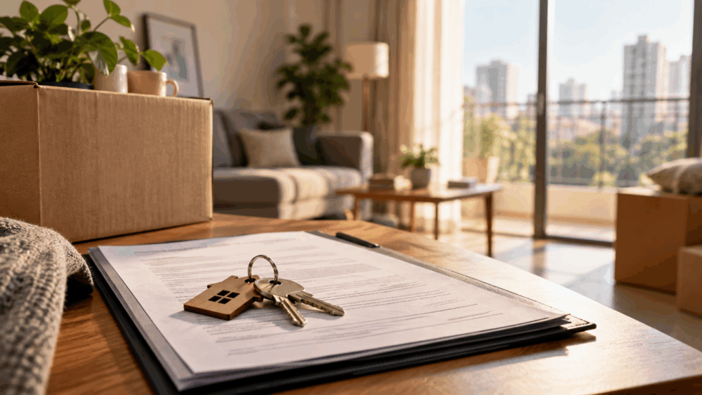 Registered Rent Agreement, Why You Should Always Insist on a Registered Rent Agreement, Rentok House keys placed on a rental agreement in a modern apartment, symbolising secure and formal tenancy documentation.