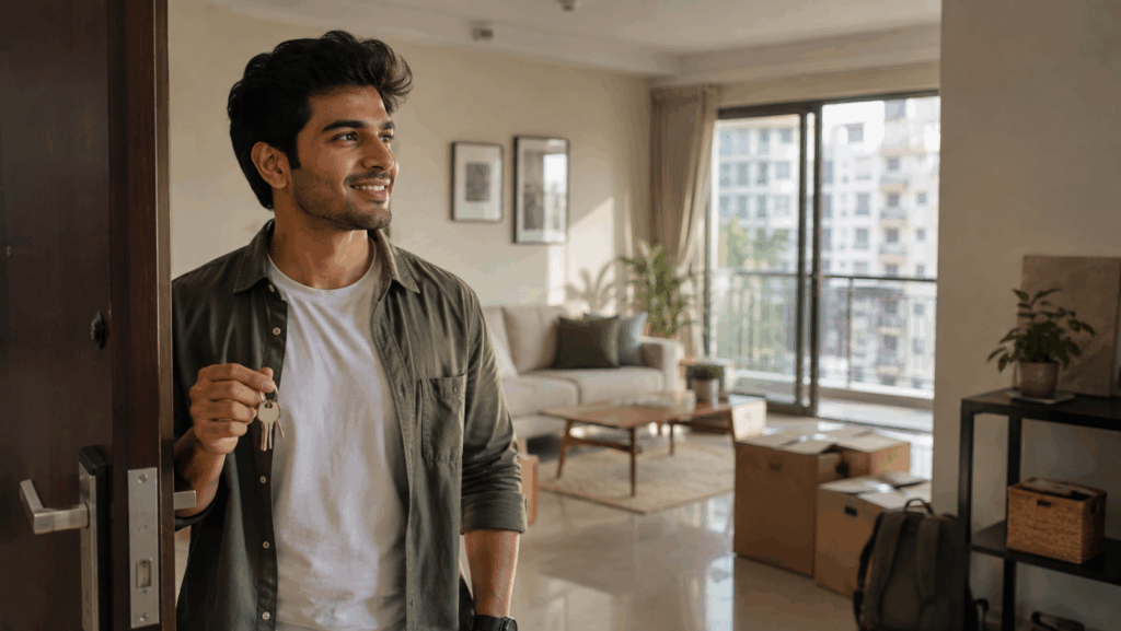 Rights as a Tenant Under the Model Tenancy Act, What Are Your Rights as a Tenant Under the Model Tenancy Act?, Rentok Indian tenant holding house keys while moving into a modern rented apartment.