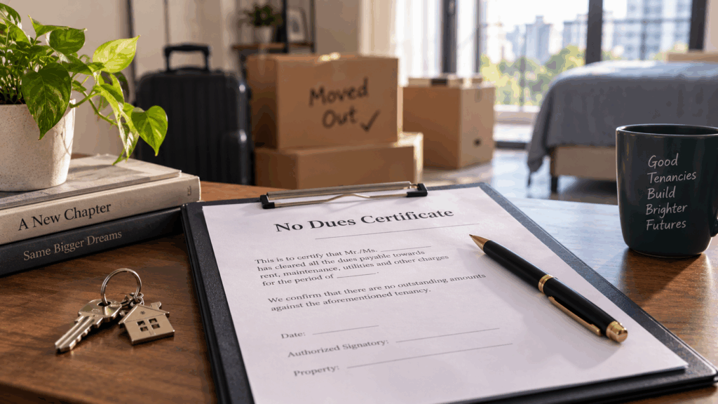 Get Your Security Deposit, How to Get Your Security Deposit Back When Vacating a Rental Property, Rentok No-dues certificate for PG tenants during move-out with rental agreement, keys, and moving boxes representing security deposit settlement.