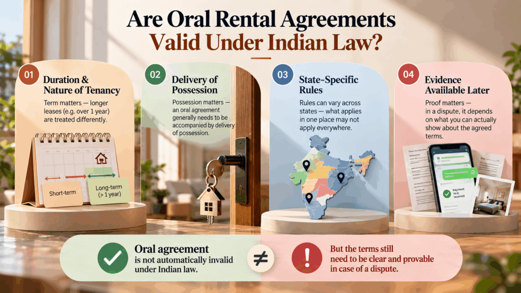 Verbal Rental Agreement, Is a Verbal Rental Agreement Legally Valid in India?, Rentok Oral rental agreements under Indian law showing key factors including tenancy duration, possession, state-specific rules, and proof of agreed terms.