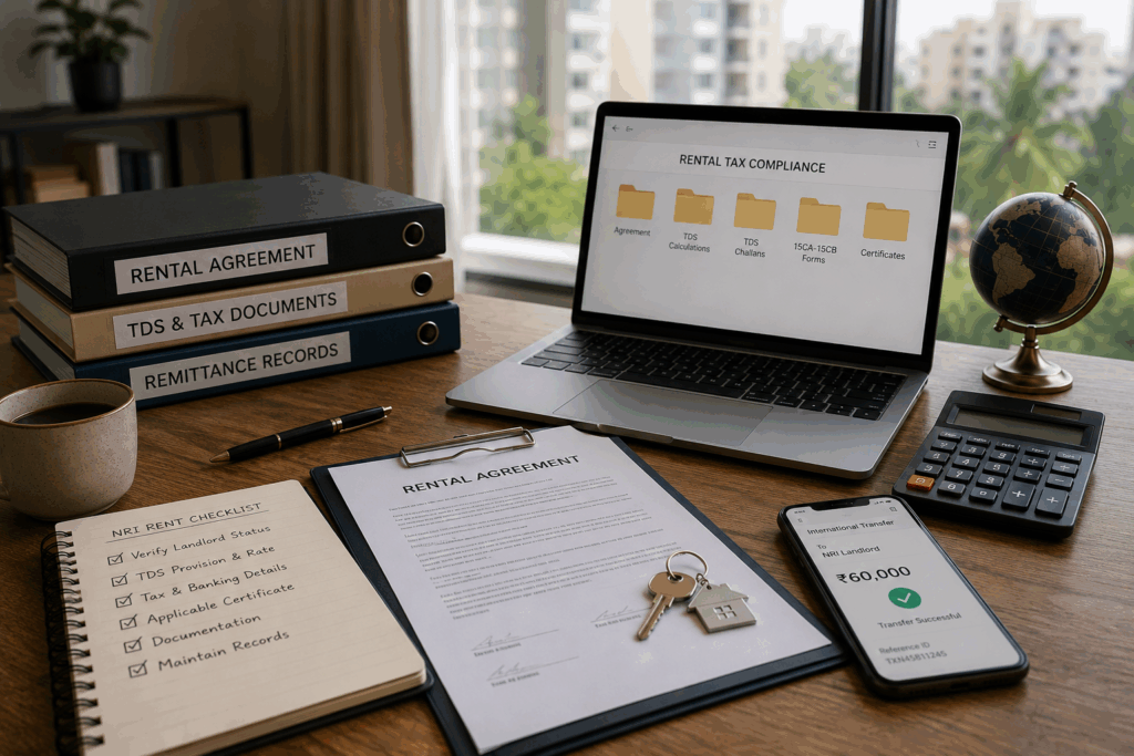 TDS on Rent Paid to NRI Landlords, What is TDS on Rent Paid to NRI Landlords? A Guide for Tenants, Rentok NRI rent TDS checklist showing rental agreement, tax documents, TDS records, remittance details, and payment to an overseas landlord.