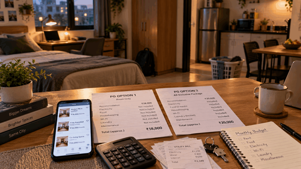 PG rent comparison showing accommodation costs, GST, utilities, food, housekeeping, and other tenant charges