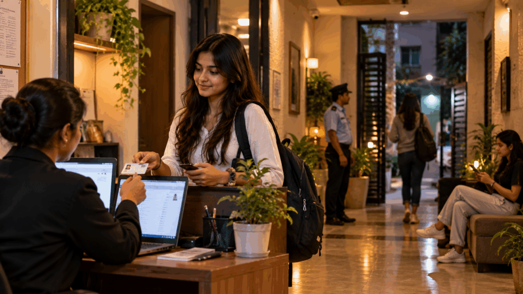 Young woman completing tenant verification at a PG reception with security staff and other residents in the background, highlighting safety and secure PG management for women.