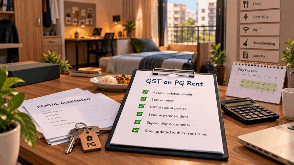 Pay GST on My PG, Do I Need to Pay GST on My PG or Hostel Rent?, Rentok GST on PG rent checklist showing accommodation details, stay duration, GST status, supporting documents, and current GST rules for PG owners.
