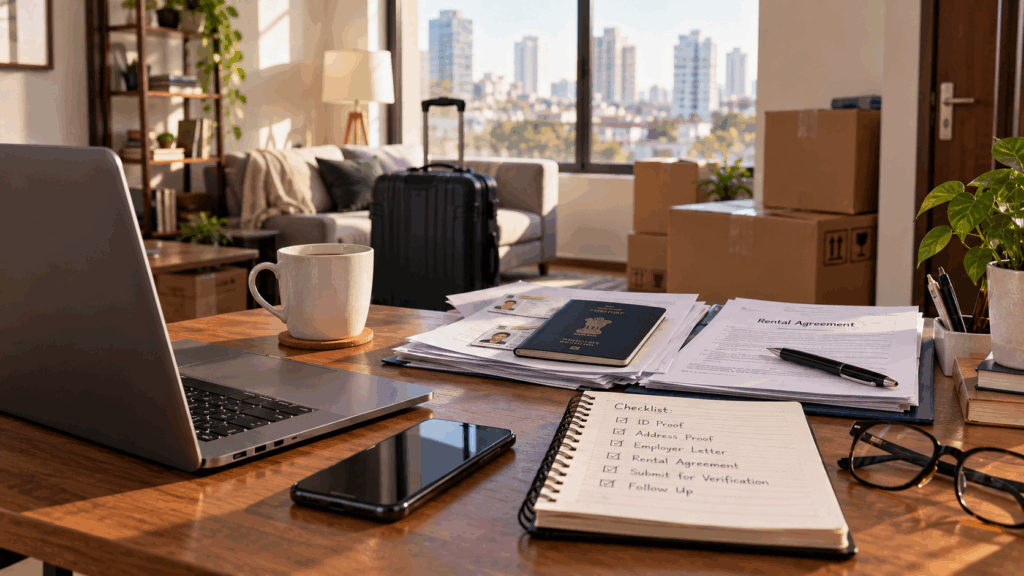 Working professional&rsquo;s tenant verification documents, rental agreement, and checklist arranged on a desk during relocation.