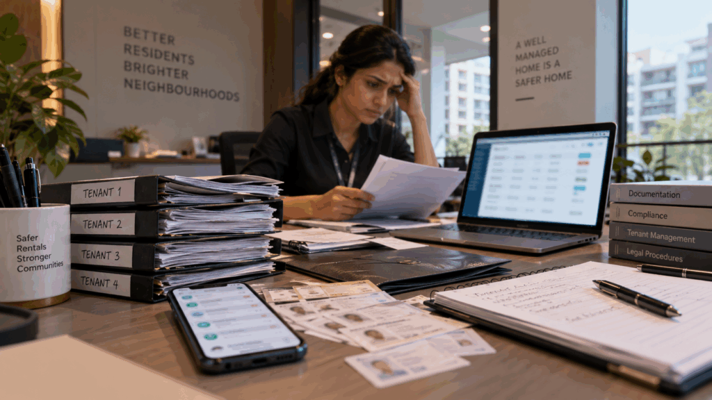 Tenant police verification documents and digital records being organized by a property management professional in India.