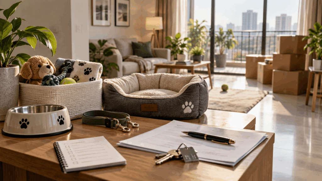 Pet-friendly rental apartment with pet essentials, rental agreement, keys, and move-in checklist on a table in a modern home.