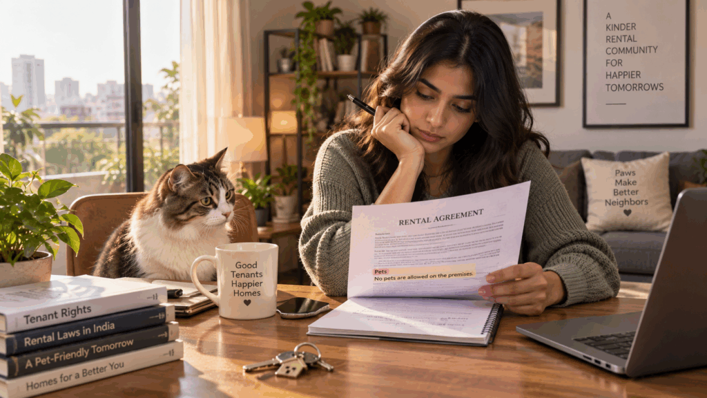Indian tenant reviewing a rental agreement with a pet while checking a no-pets clause in a rented apartment.