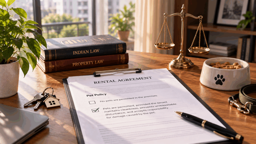 Rental agreement with pet policy clause, house keys, and legal documents illustrating pet restrictions in Indian rental properties.