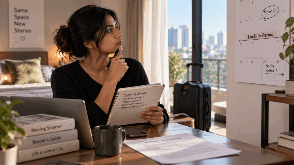 Negotiate Rent and Maintenance Terms, How to Negotiate Rent and Maintenance Terms Before Signing, Rentok Tenant reviewing lock-in period and notice period terms before signing a rental agreement.