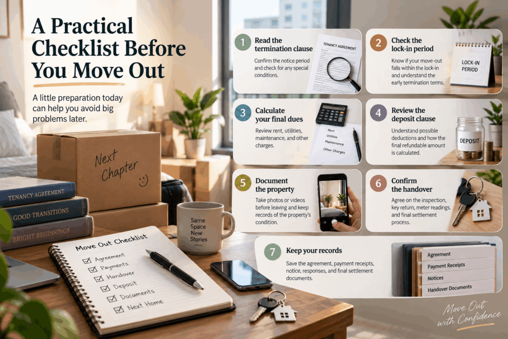 , What Is the Legal Notice Period Before Vacating a Rented Property?, Rentok Practical checklist for tenants before moving out, covering rental agreement, lock-in period, final dues, deposit, property documentation, handover, and records.