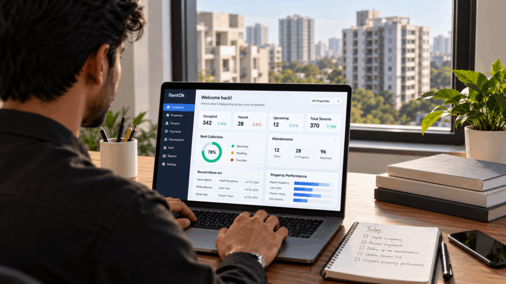 Rental Market Grows 16%, India’s Rental Market Grows 16%: What Owners Should Know, Rentok Property manager using a rental management dashboard to monitor occupancy, rent collection, tenant details, maintenance, and property performance.