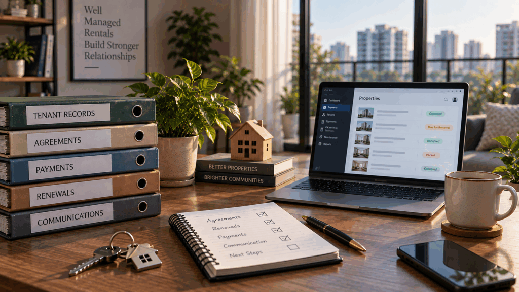 Rental management workspace with tenant records, agreements, payment records, and renewal documents representing transparent rental management.