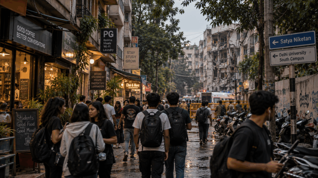 Safety in Delhi PG's, The Satya Niketan PG Collapse: What It Means for Safety in Delhi PG’s, Rentok Satya Niketan student accommodation area in Delhi with PG buildings and emergency response after a building collapse
