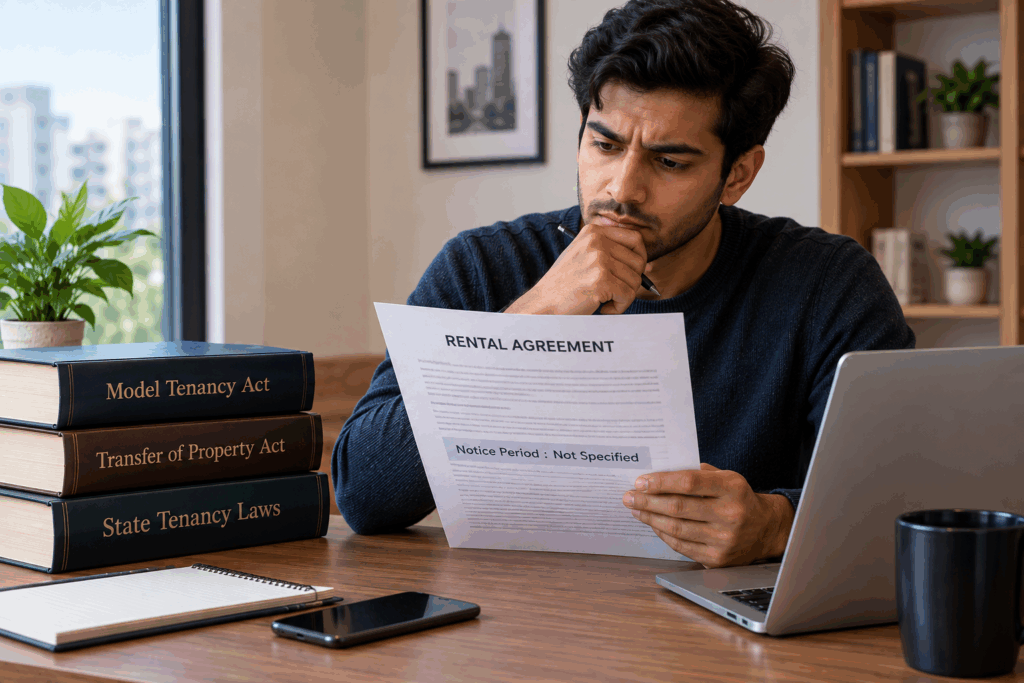 , What Is the Legal Notice Period Before Vacating a Rented Property?, Rentok Young tenant reviewing a rental agreement with no notice period, alongside tenancy law books and a laptop in a home workspace.