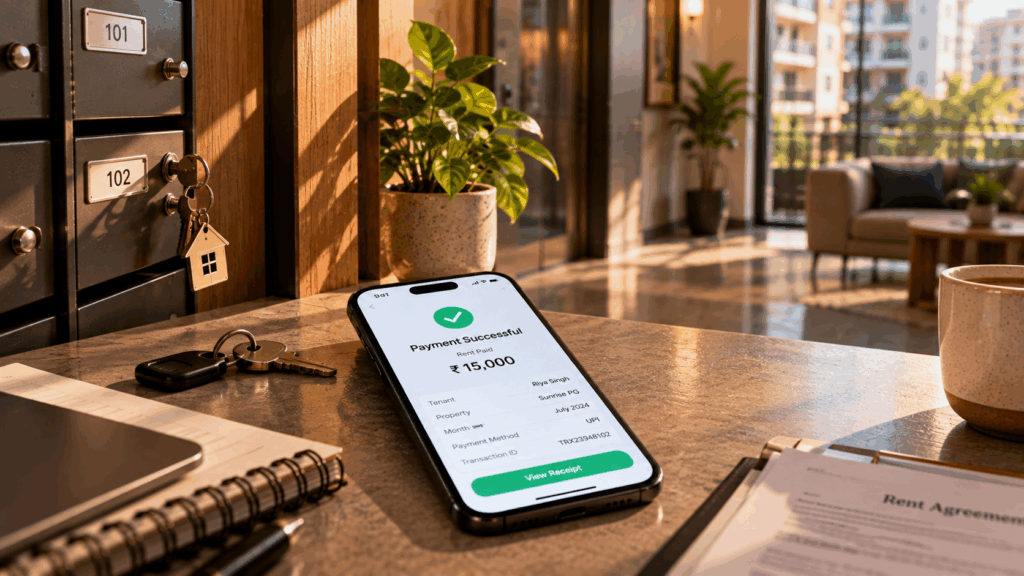 Free Rent Collection App, What’s the Best Free Rent Collection App in India?, Rentok Modern rental property lobby with smartphone showing successful UPI rent payment and digital rent collection system