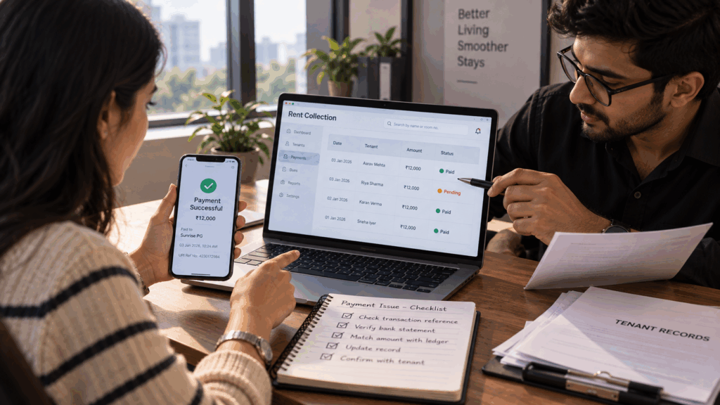 RBI’s New Weekly Credit Reporting, How Does RBI’s New Weekly Credit Reporting Rule Affect Rent Payments?, Rentok Tenant and property manager reviewing an incorrect rent payment record, verifying transaction details, and updating the digital rent ledger.